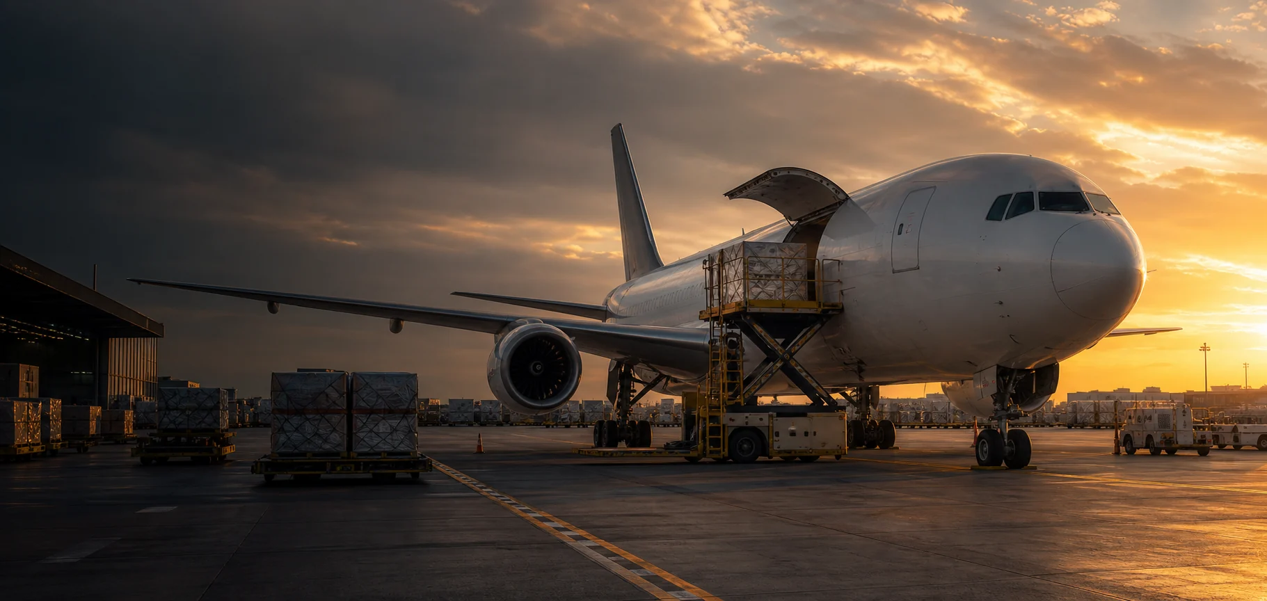 International cargo aircraft being loaded with freight at sunset