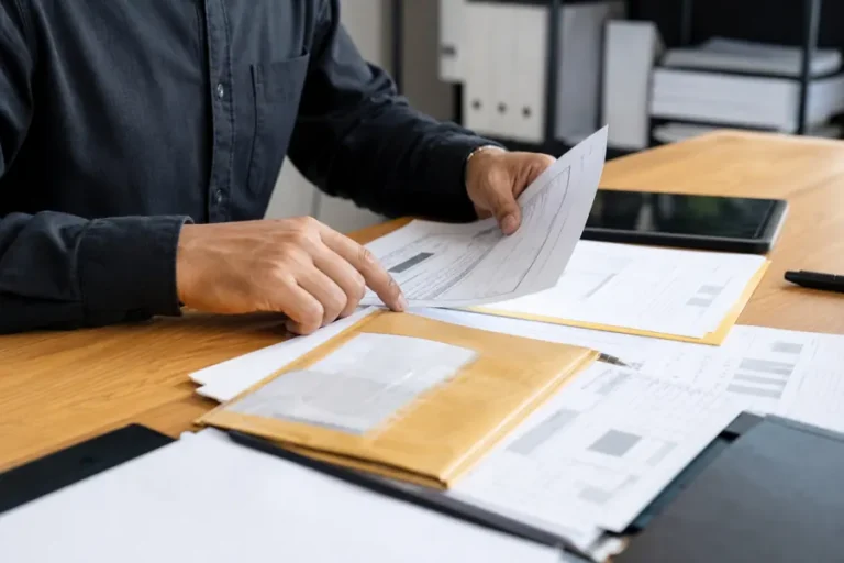 Commercial shipping invoices reviewed at an office desk
