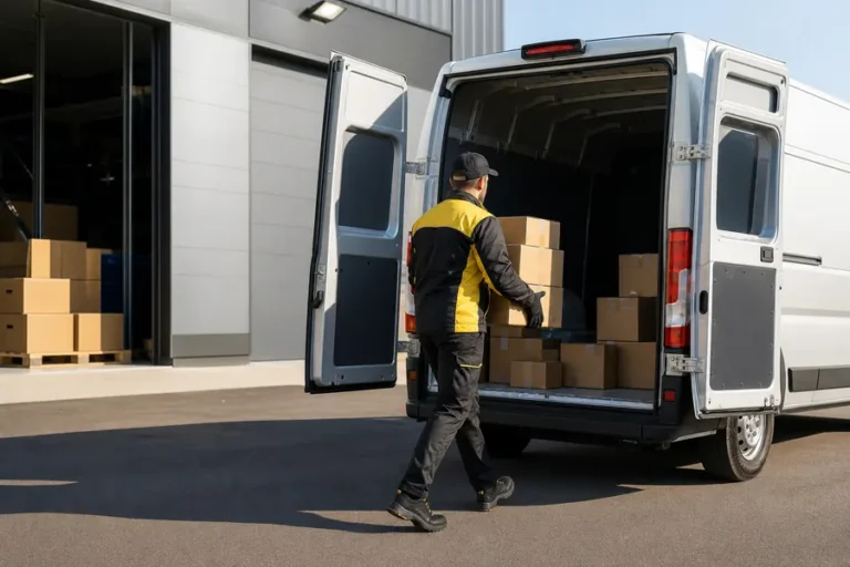 Courier loading customer parcels into a delivery vehicle