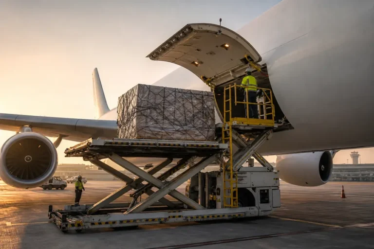 International cargo aircraft being loaded at an airport