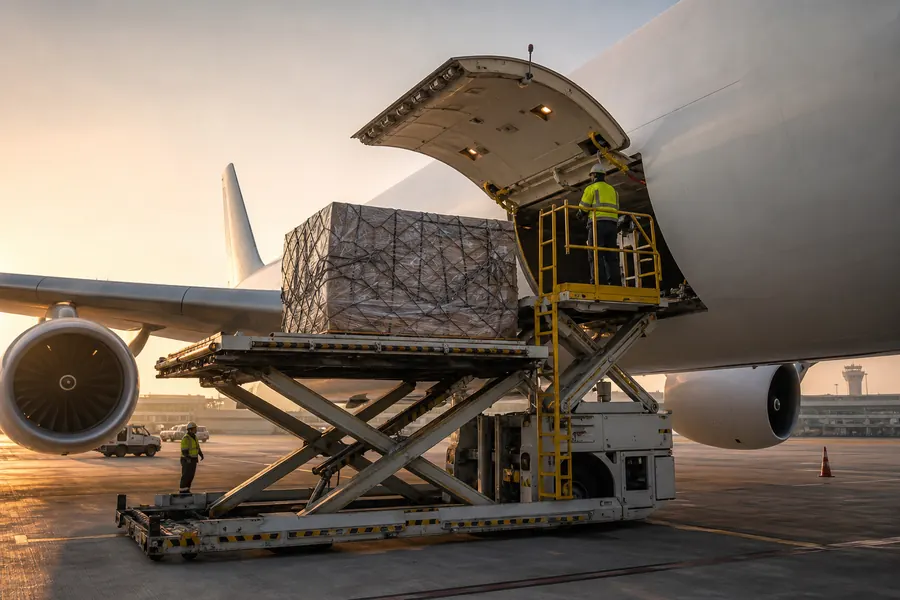 International cargo aircraft being loaded at an airport
